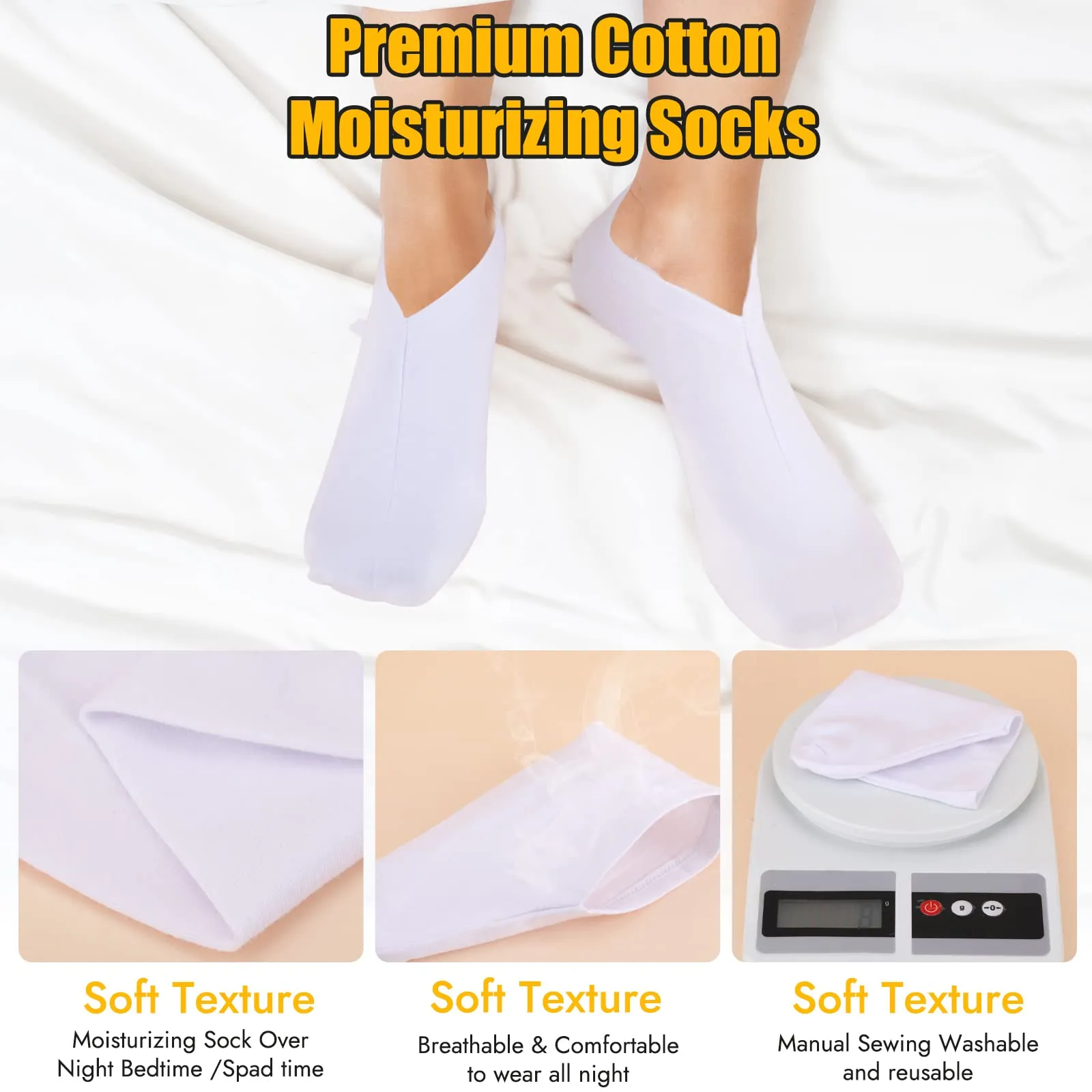 2 Pairs Moisturizing Socks, Thin Foot Spa Socks Set, Cotton Moisture Enhancing Socks, Feet Care Socks for Dry Feet, Hard Cracked Heels, Calluses, Cuticles, Rough Skin, White, 8.26 in One Size 4.0